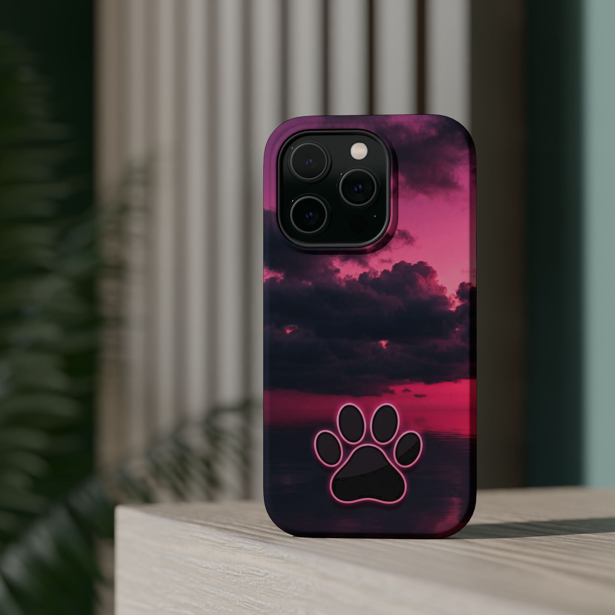 iPhone & Samsung Magnetic Impact-Resistant Phone Case — Pink Twilight Cloud with Paw Print