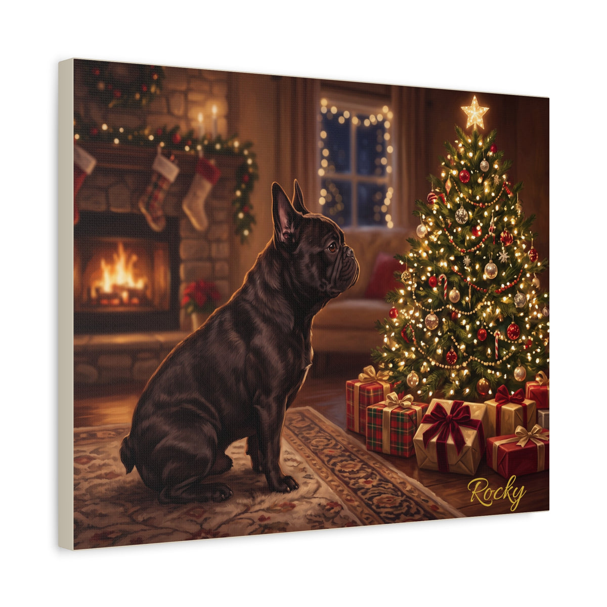 French Bulldog Personalized Canvas | Cozy Christmas Fireside Wall Art