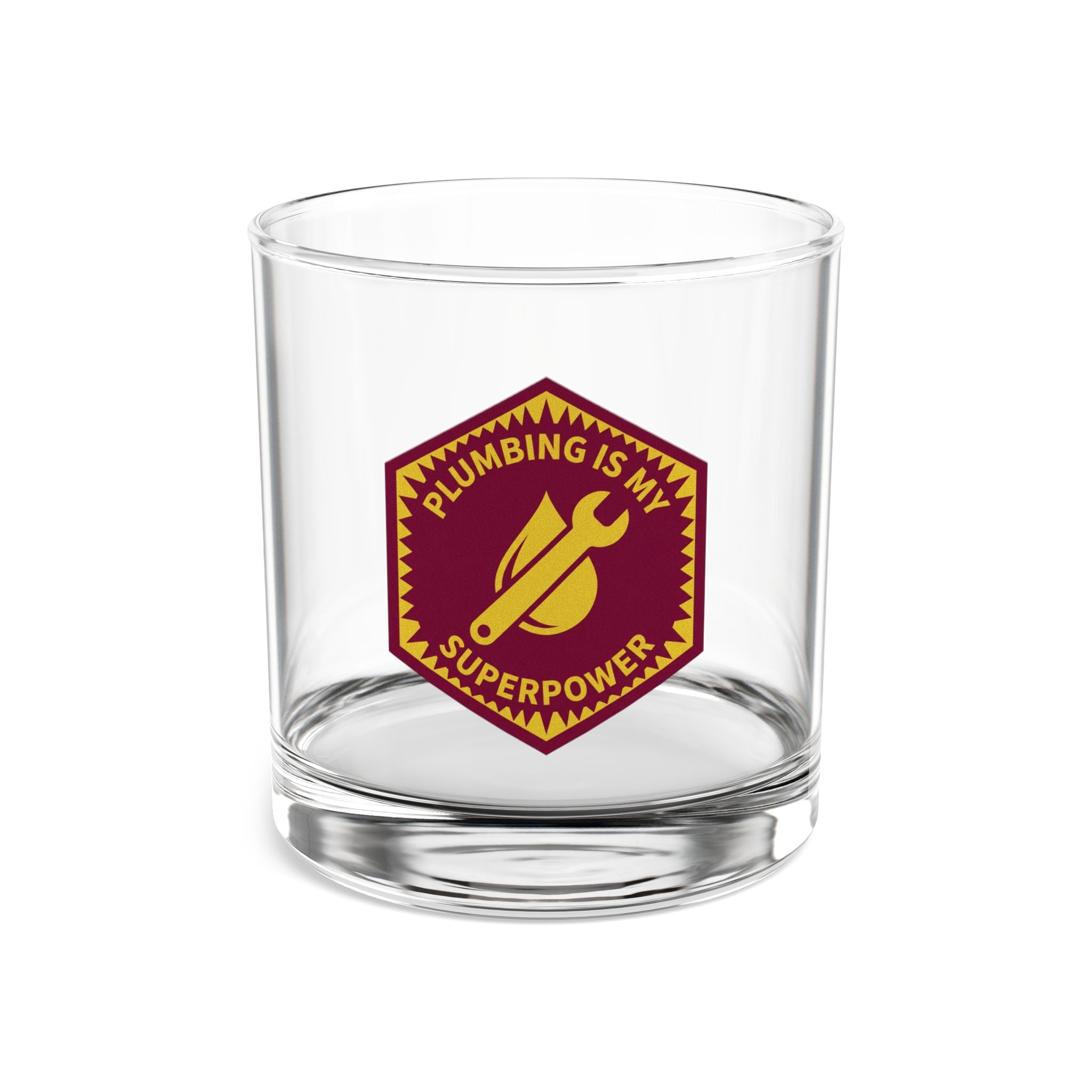 Plumbing Is My Superpower Badge Rocks Glass 10oz — Burgundy & Gold Plumber Glass