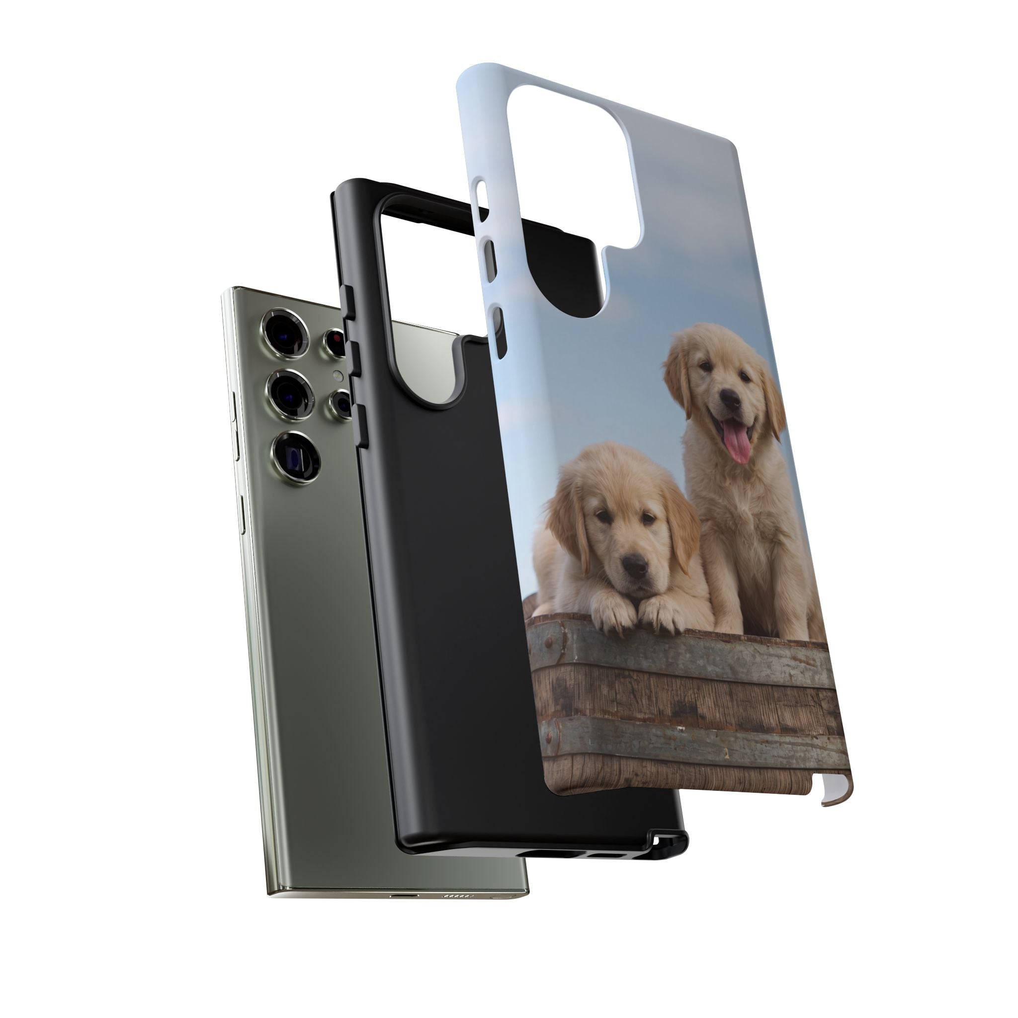 Golden Retriever Puppies on Barrel Phone Case | Cute Duo Under Blue Sky | iPhone & Samsung