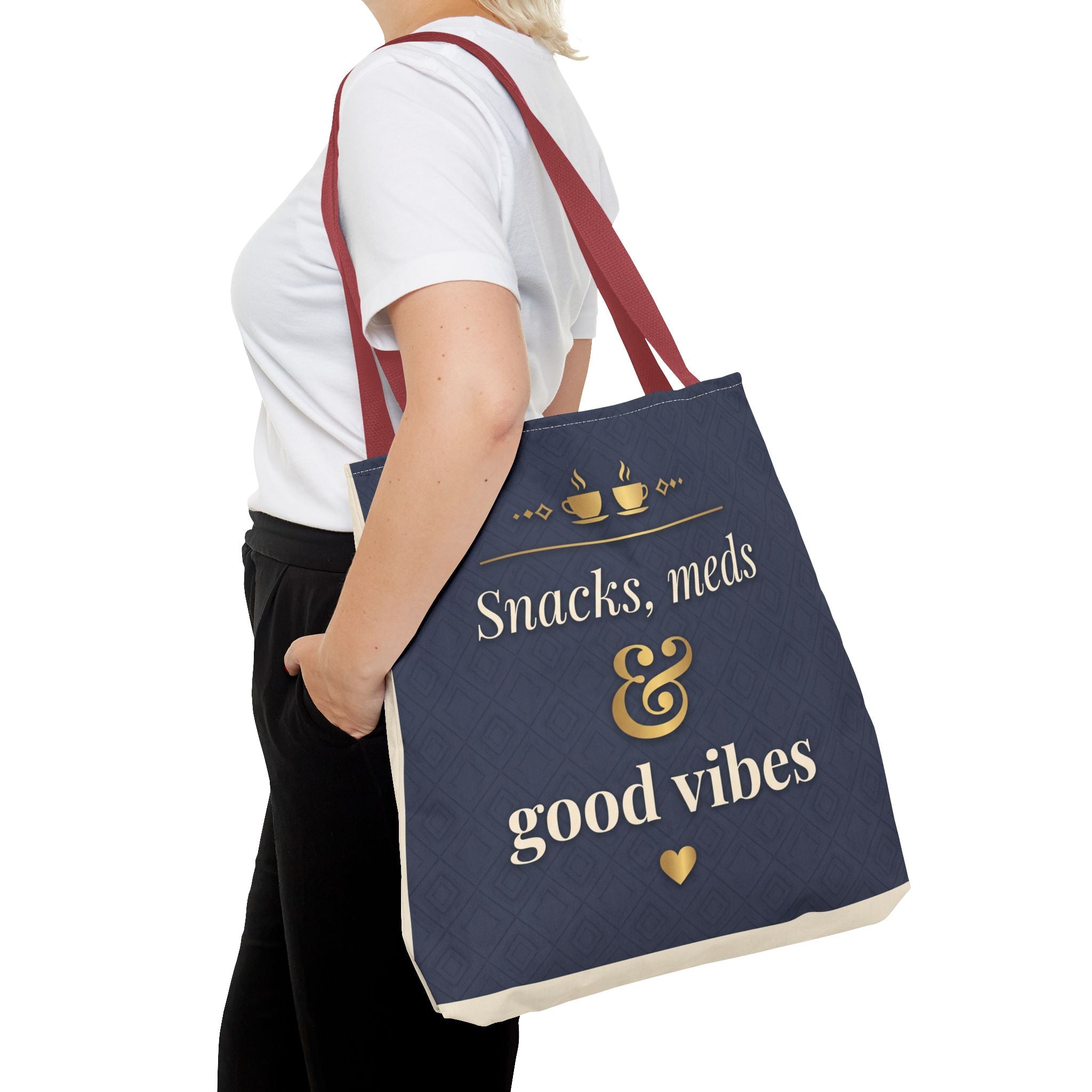 Snacks Meds & Good Vibes Tote | Funny Nurse Gift Tote Bag | Healthcare Worker Humour Gift | Premium Polyester Carry-All