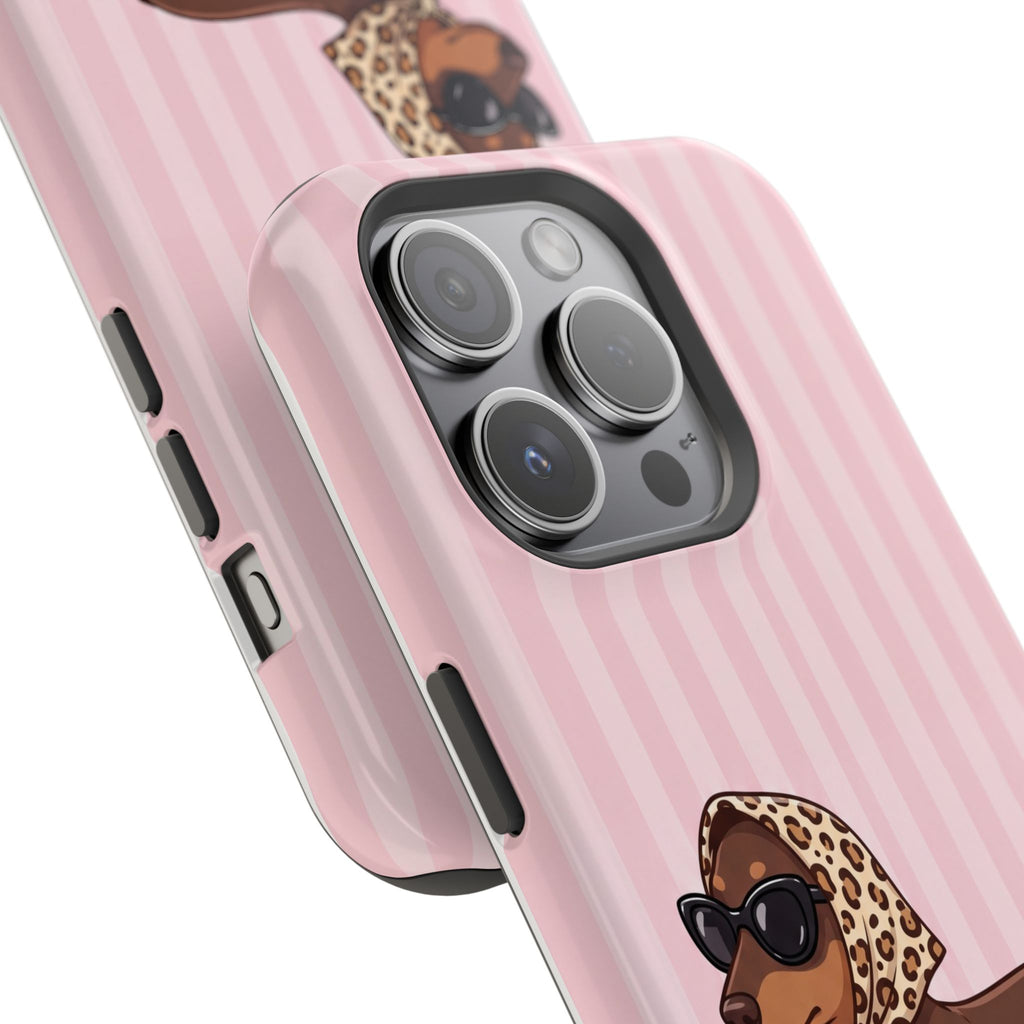 Glam Dachshund Phone Case | Cute Sausage Dog in Leopard Scarf & Sunglasses | Pink Stripe Case for iPhone & Samsung