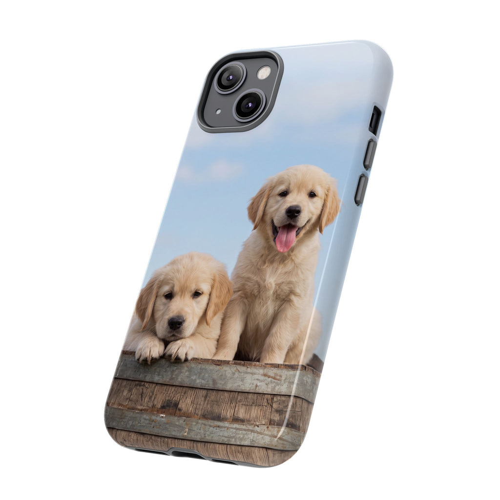 Golden Retriever Puppies on Barrel Phone Case | Cute Duo Under Blue Sky | iPhone & Samsung