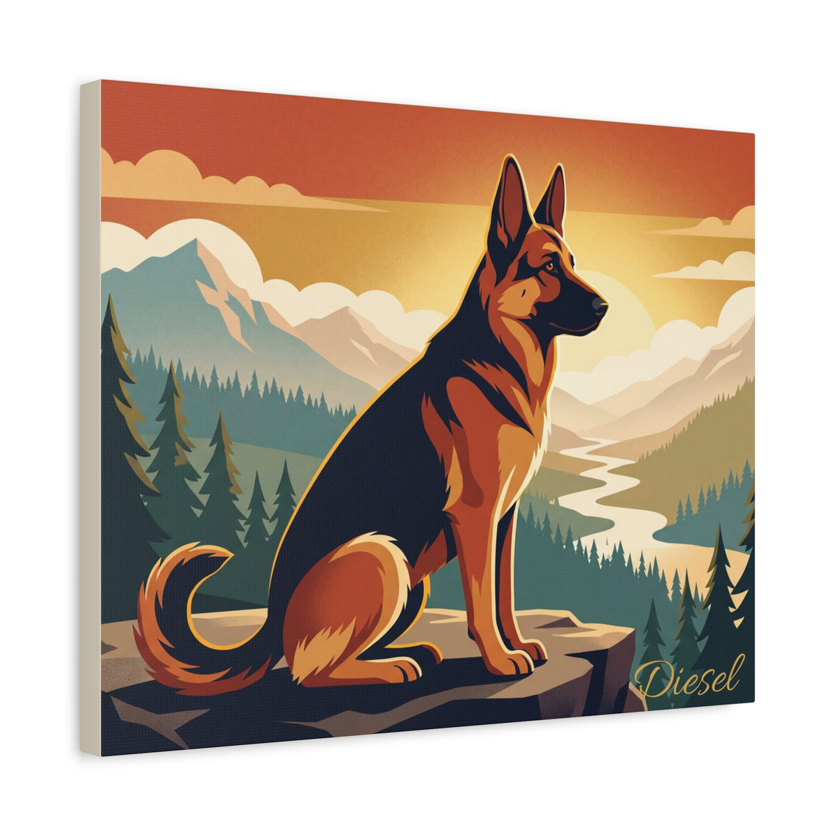 German Shepherd Personalized Canvas | Retro Mountain Adventure Wall Art