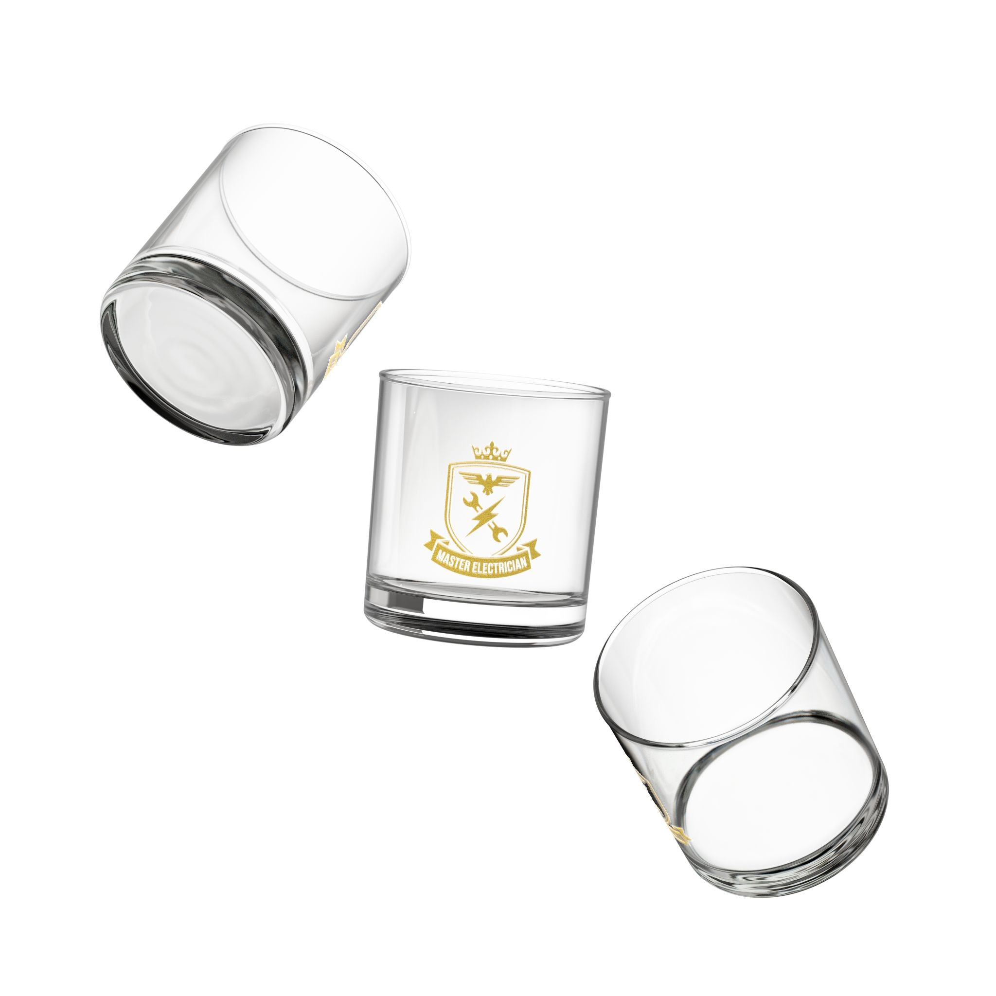 Master Electrician Crest Rocks Glass 10oz — Gold Emblem Whiskey Tumbler, Electrician Gift