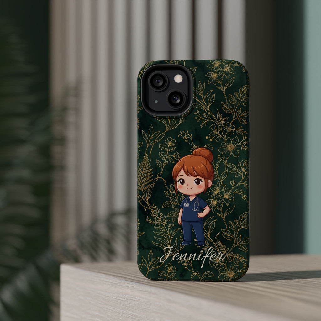 Personalized Nurse Botanical Phone Case — Impact-Resistant Wireless Charging Cover