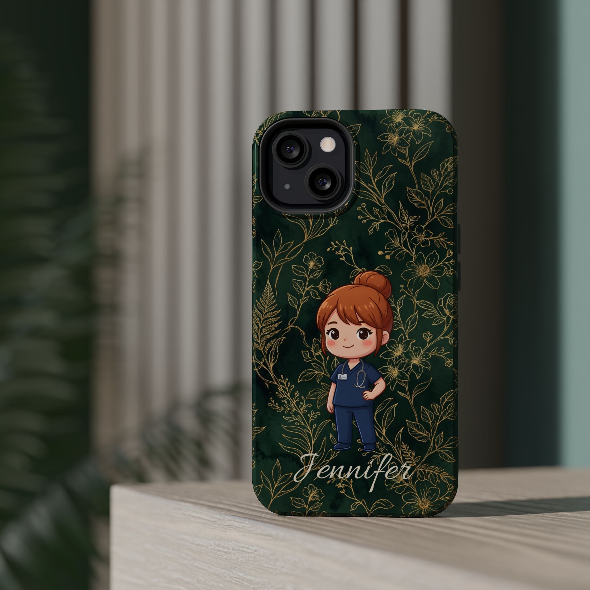 Personalized Nurse Botanical Phone Case — Impact-Resistant Wireless Charging Cover