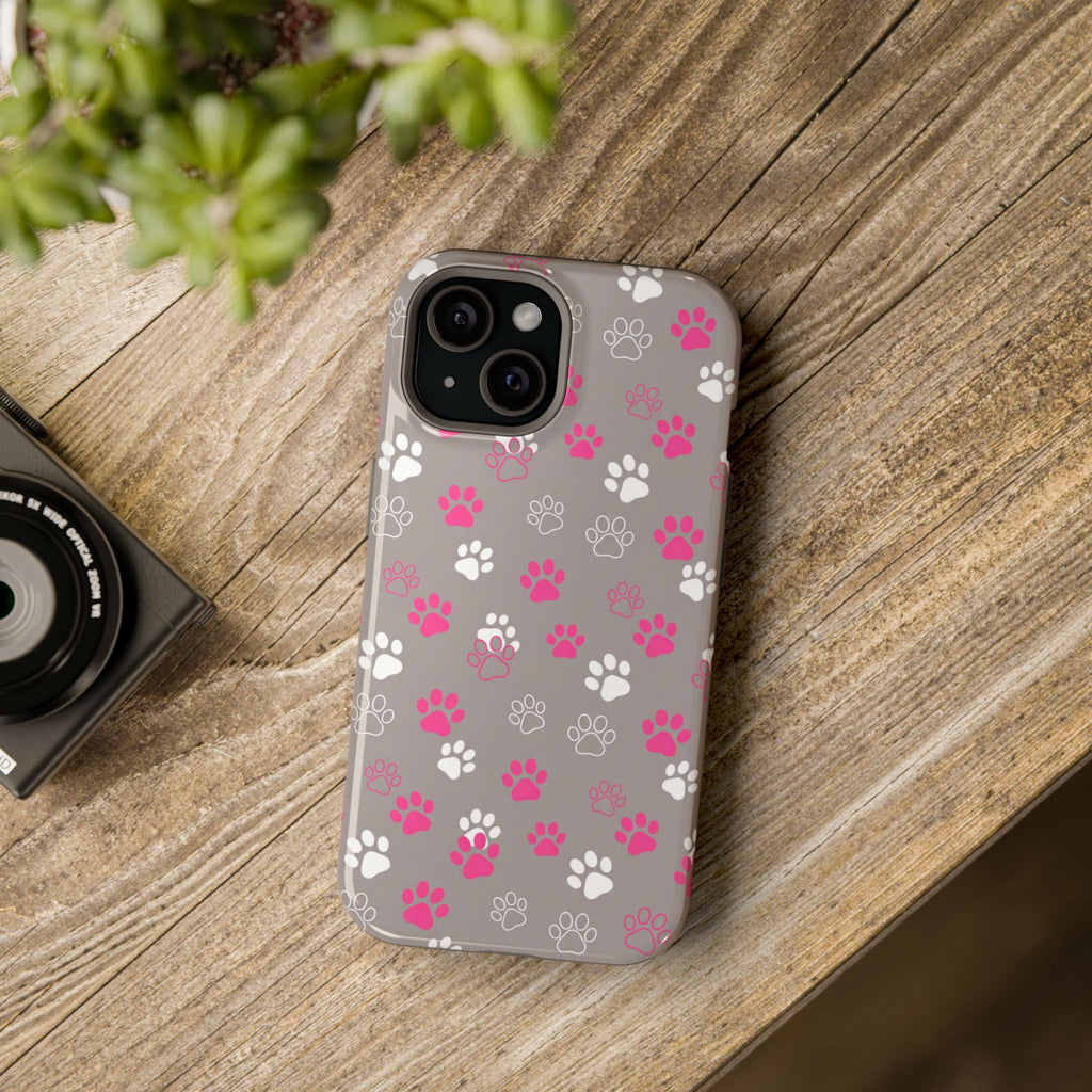Pink & White Paw Print Phone Case — Impact-Resistant Wireless Charging Cover