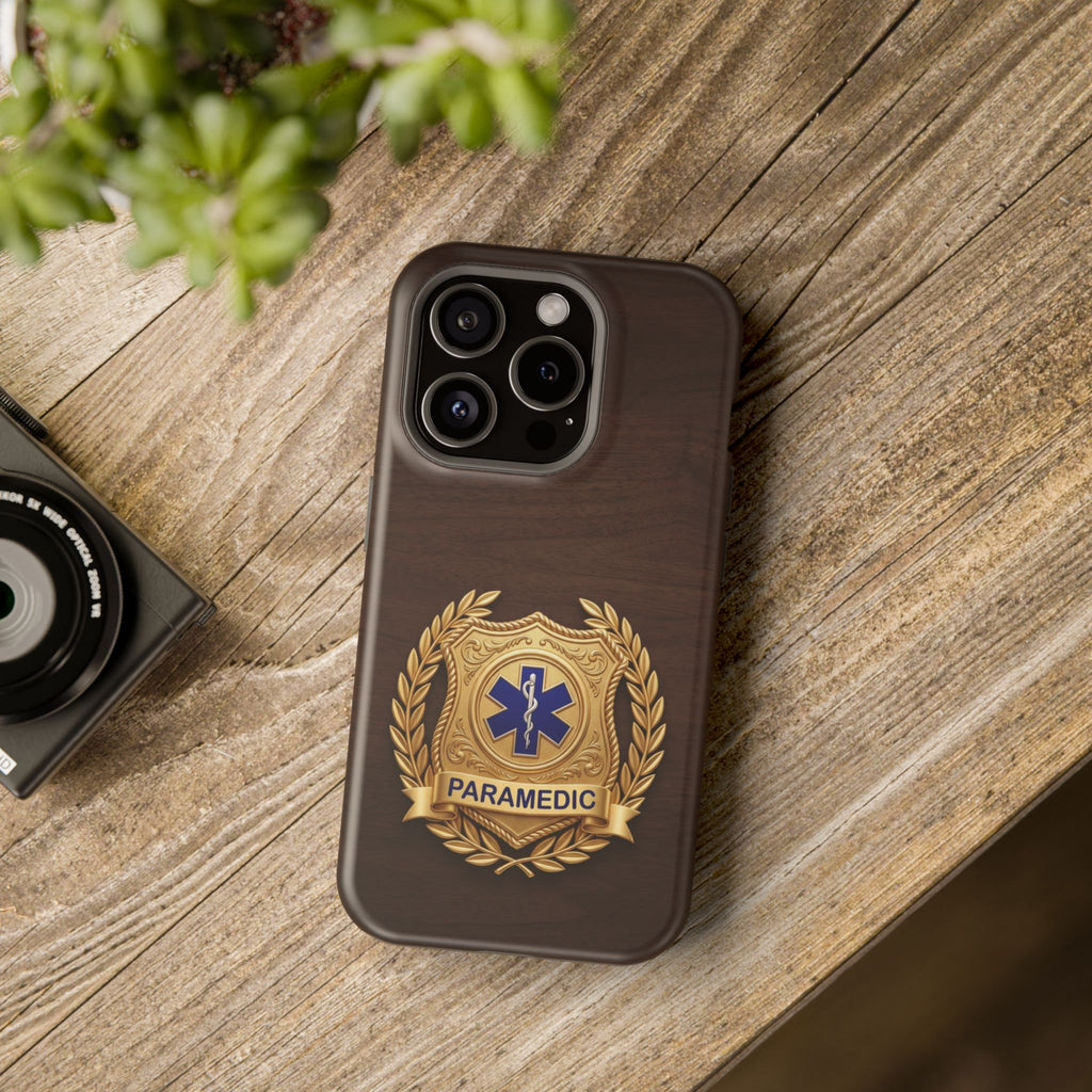 Gold Paramedic Laurel Badge Wood Phone Case — Magnetic Wireless Charging Cover