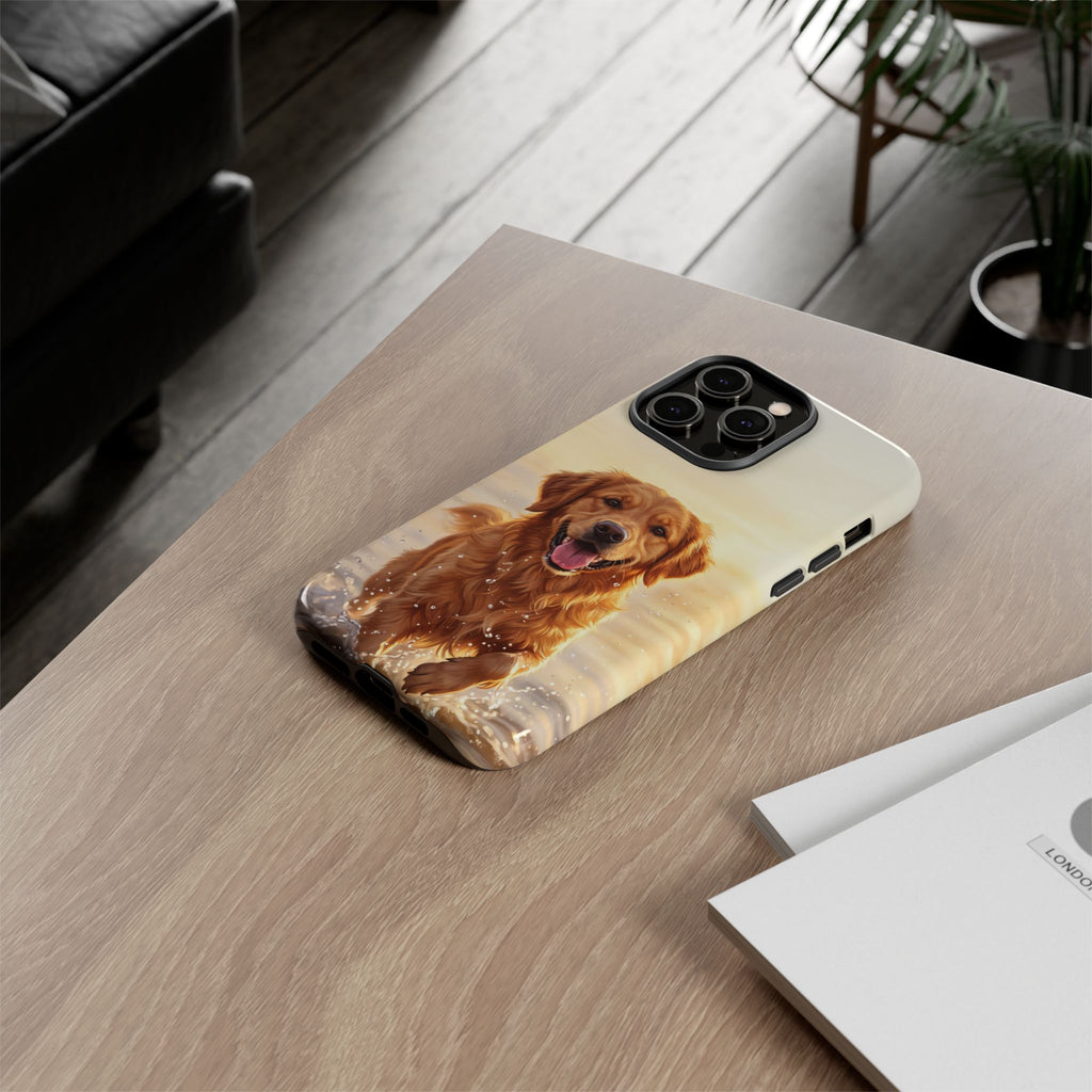 Golden Retriever Splashing in Water Phone Case | Joyful Dog at Golden Hour | iPhone & Samsung