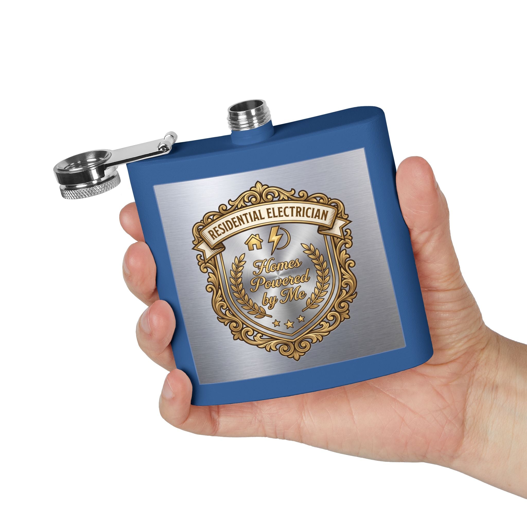 Flask — "Residential Electrician: Homes Powered by Me" (Crest Edition) 6oz Stainless Steel Hip Flask
