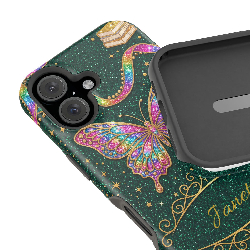 Rainbow Glitter Butterfly Personalized Teacher Phone Case — Wireless Charging Cover