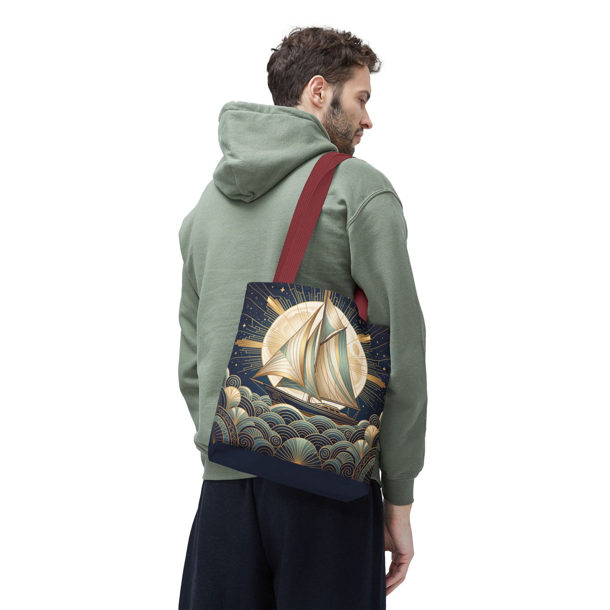 Art Deco Moonlit Sailboat Tote Bag – Starry Night Nautical Beach Bag