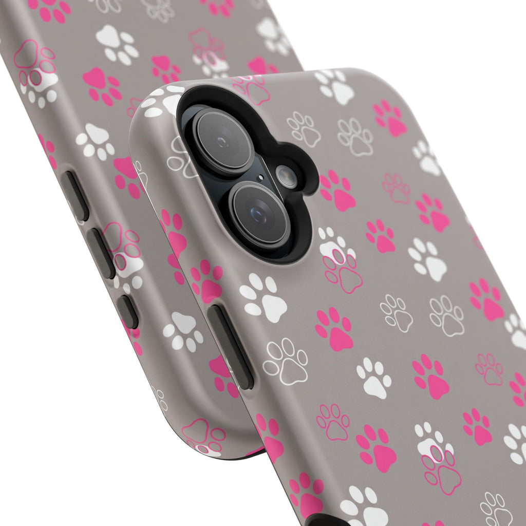 Pink & White Paw Print Phone Case — Impact-Resistant Wireless Charging Cover