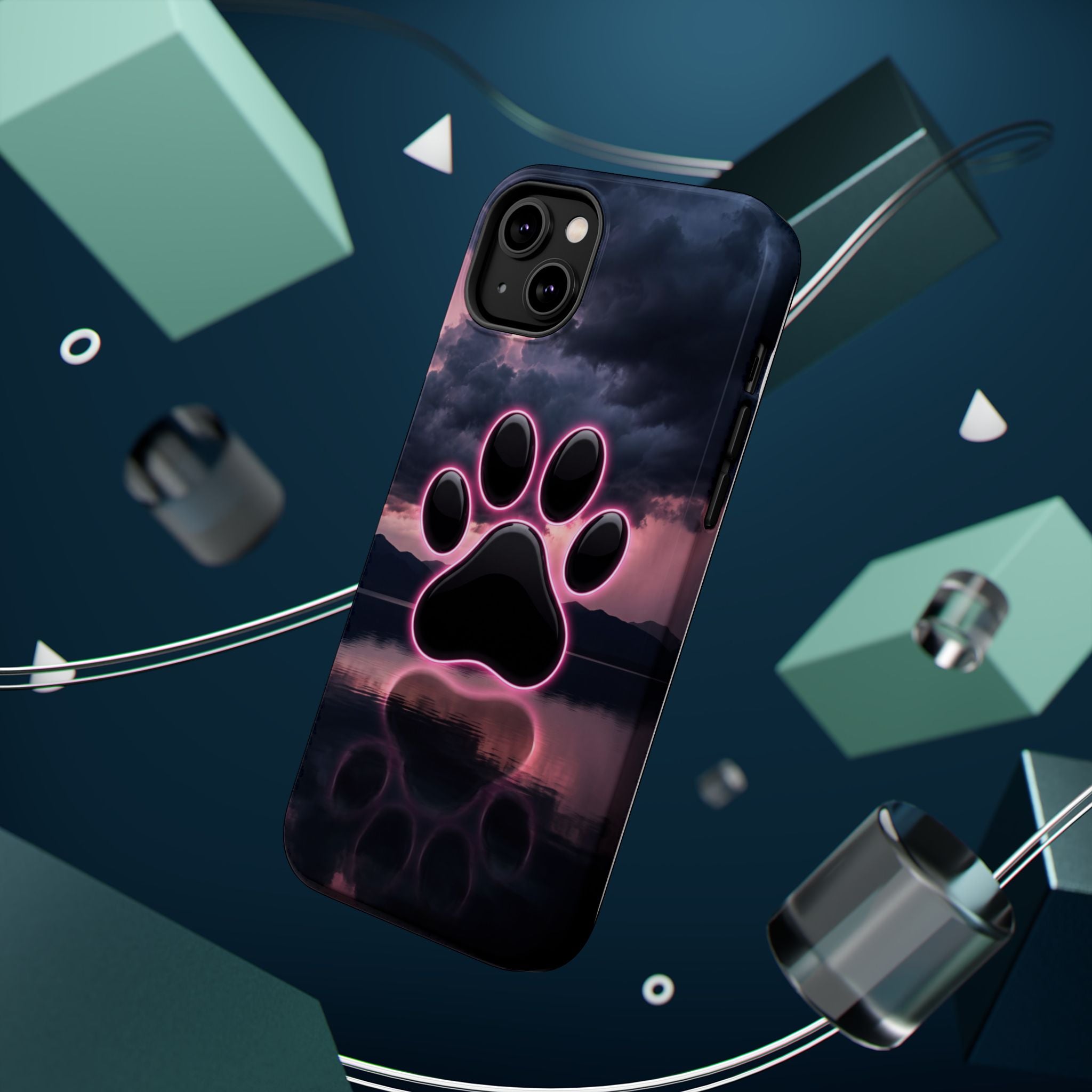 Neon Paw Print Phone Case — Impact-Resistant Wireless Charging Cover