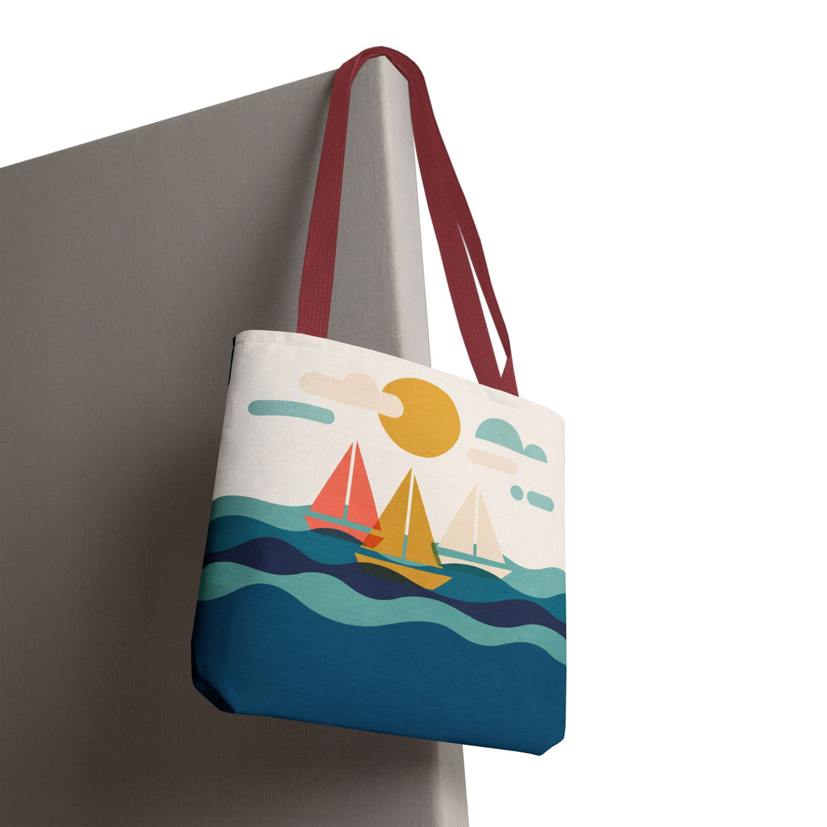 Minimalist Sailboat Tote Bag – Mid-Century Modern Ocean Waves Beach Bag