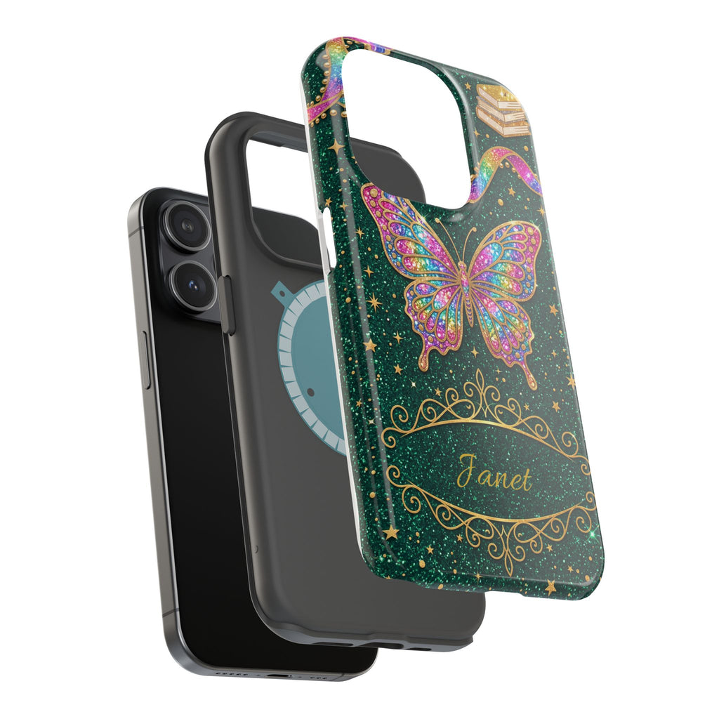 Rainbow Glitter Butterfly Personalized Teacher Phone Case — Wireless Charging Cover