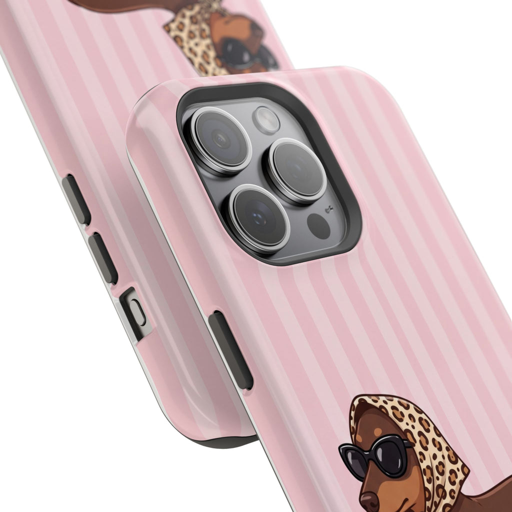 Glam Dachshund Phone Case | Cute Sausage Dog in Leopard Scarf & Sunglasses | Pink Stripe Case for iPhone & Samsung