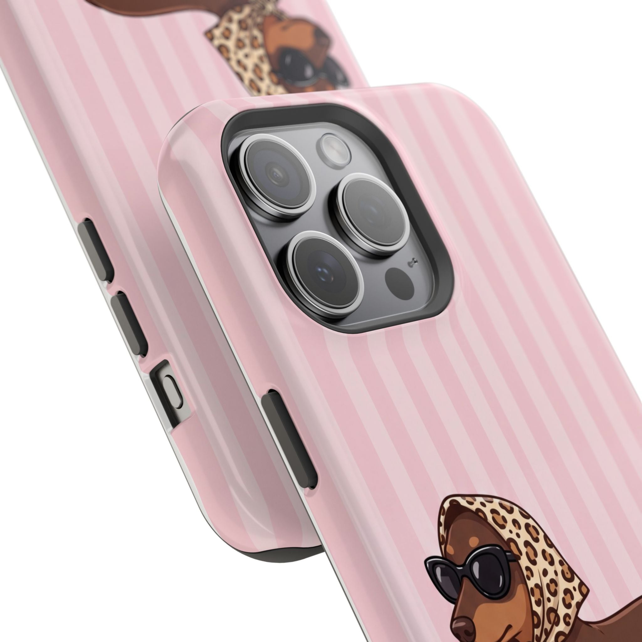 Glam Dachshund Phone Case | Cute Sausage Dog in Leopard Scarf & Sunglasses | Pink Stripe Case for iPhone & Samsung