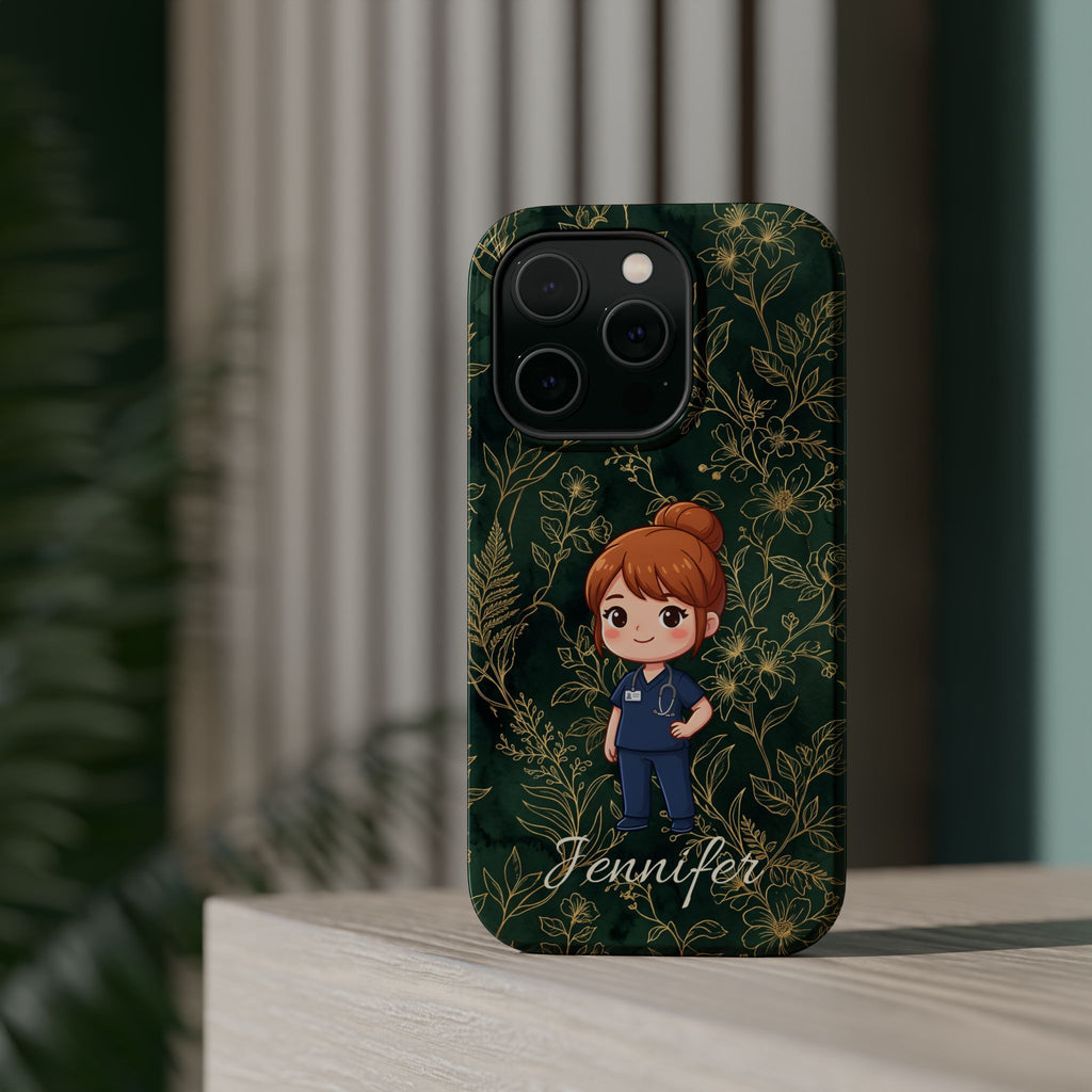 Personalized Nurse Botanical Phone Case — Impact-Resistant Wireless Charging Cover