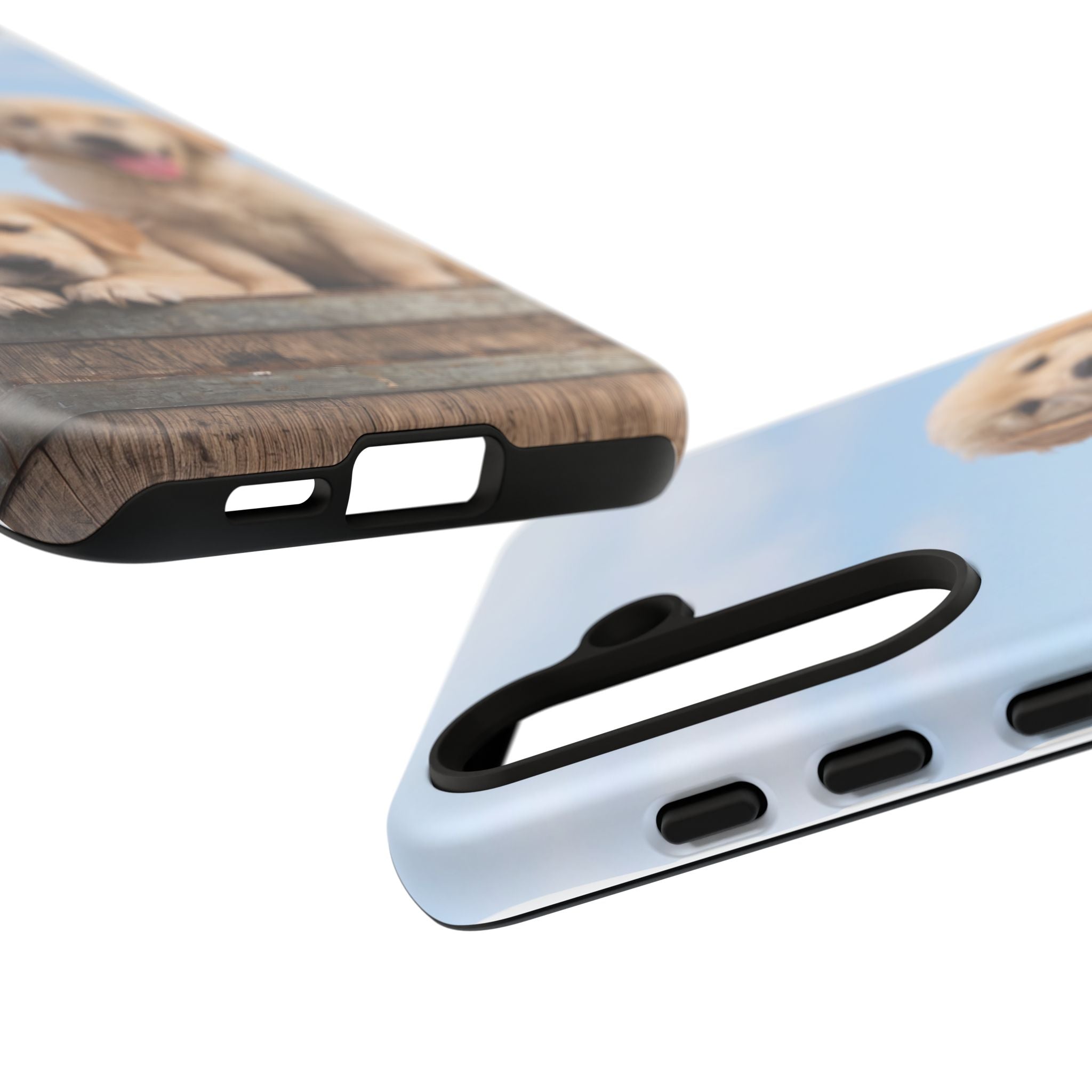Golden Retriever Puppies on Barrel Phone Case | Cute Duo Under Blue Sky | iPhone & Samsung