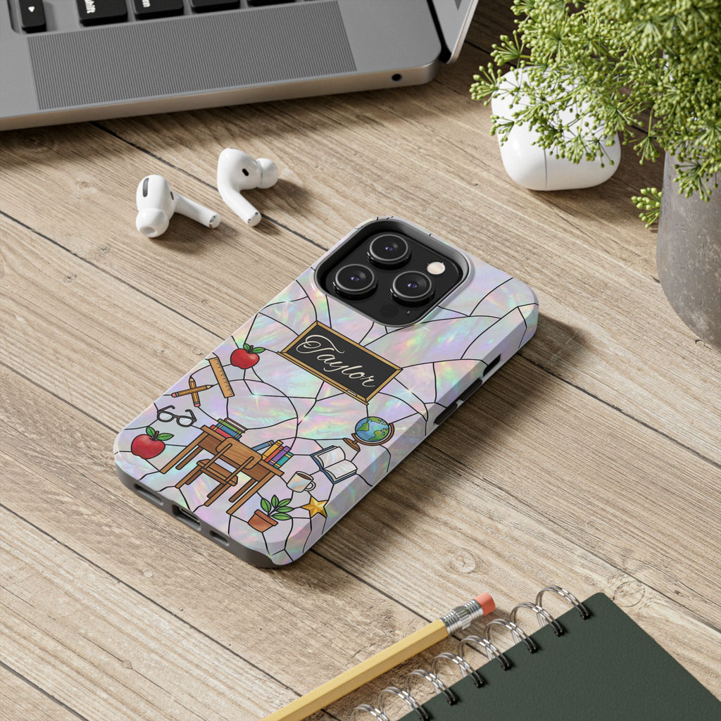 Personalized Teacher Phone Case — Custom Name Stained Glass Classroom Design