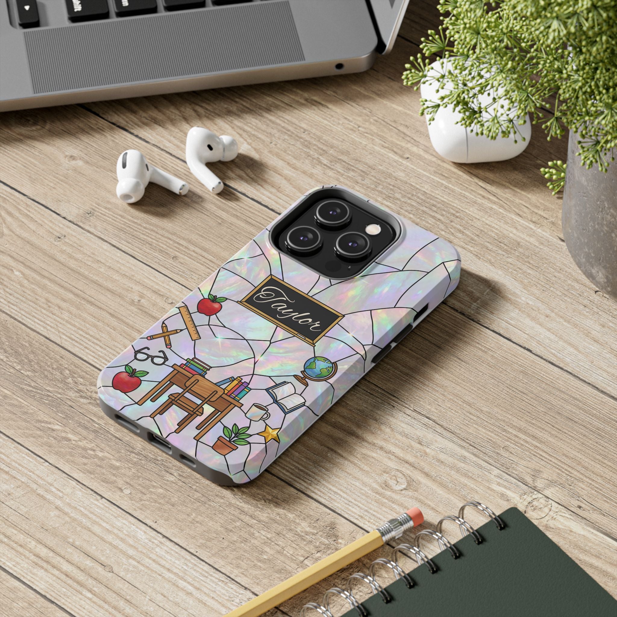 Personalized Teacher Phone Case — Custom Name Stained Glass Classroom Design