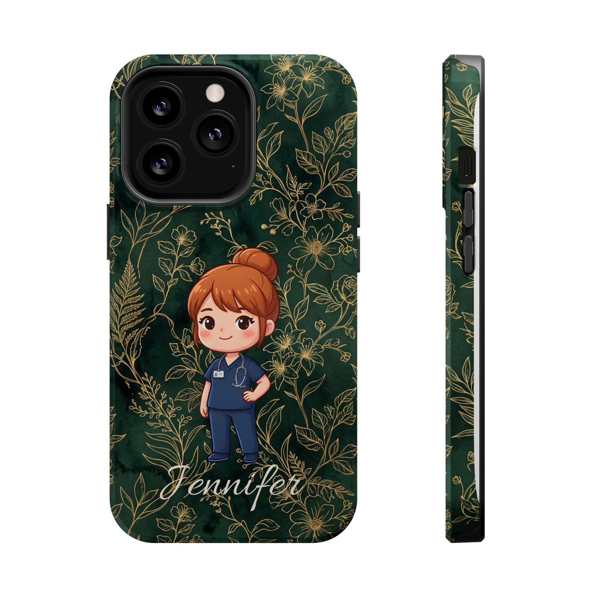 Personalized Nurse Botanical Phone Case — Impact-Resistant Wireless Charging Cover