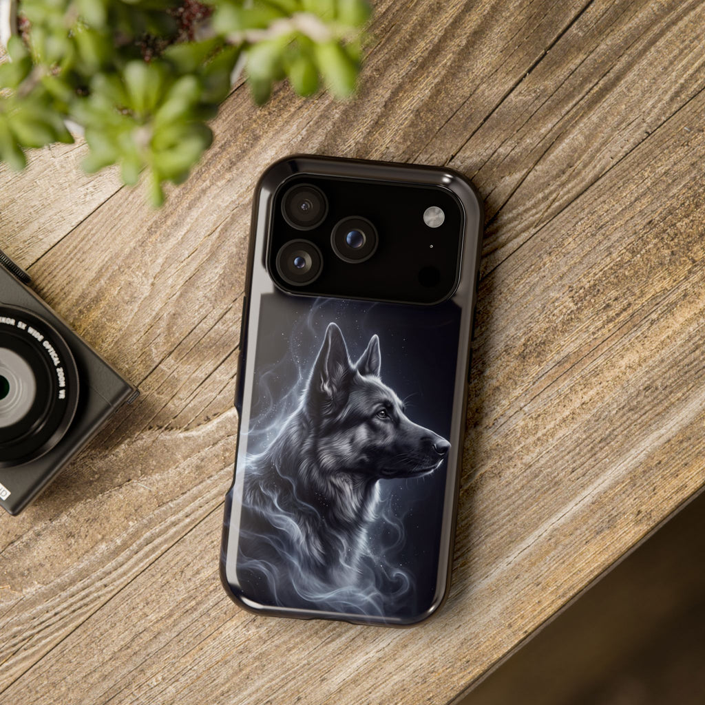 German Shepherd Phone Case | Silver Moonlight Mist Art — Tough Magnetic Case with Wireless Charging