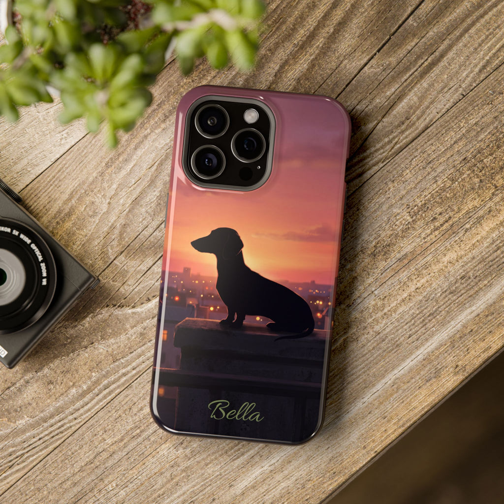Personalized Dachshund Rooftop Sunset Phone Case — Wireless Charging Cover