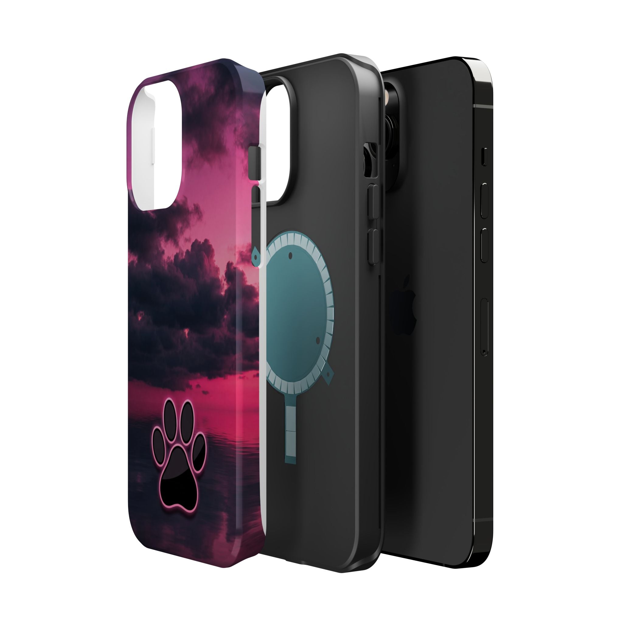 iPhone & Samsung Magnetic Impact-Resistant Phone Case — Pink Twilight Cloud with Paw Print