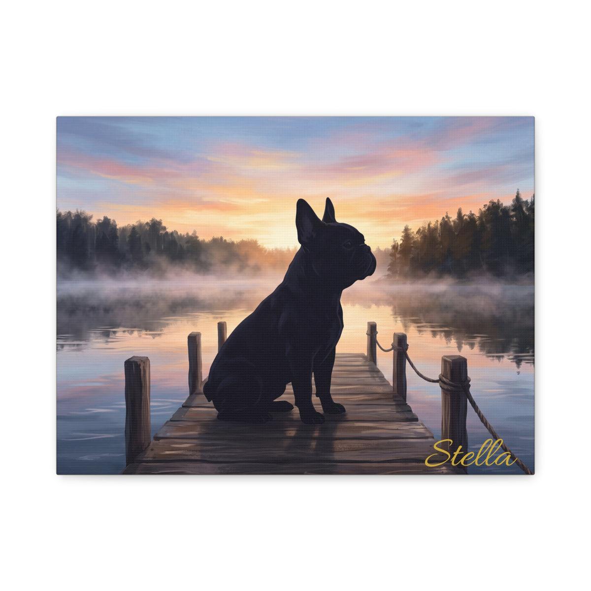 French Bulldog Silhouette Personalized Canvas | Misty Lake Sunrise Dock Wall Art