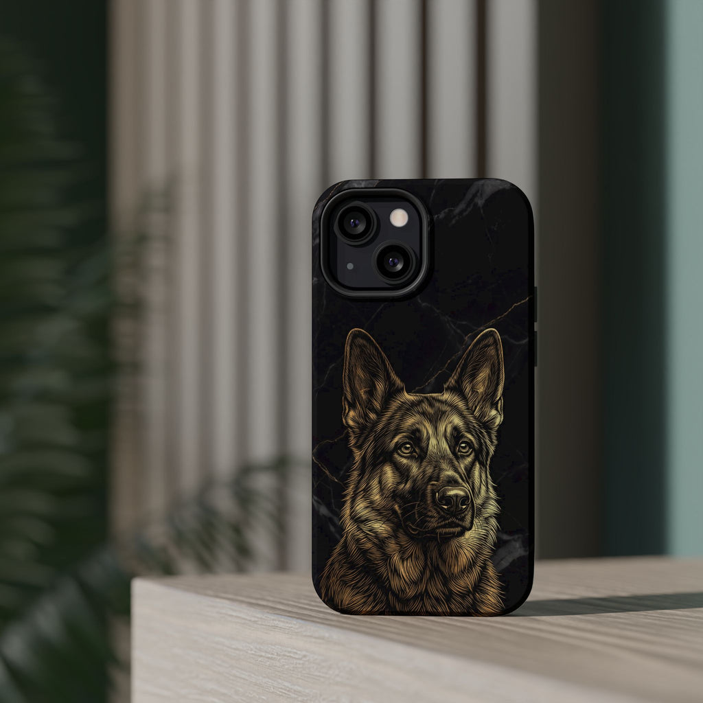 German Shepherd Phone Case | Black Marble Gold Sketch Art — Tough Magnetic Case with Wireless Charging