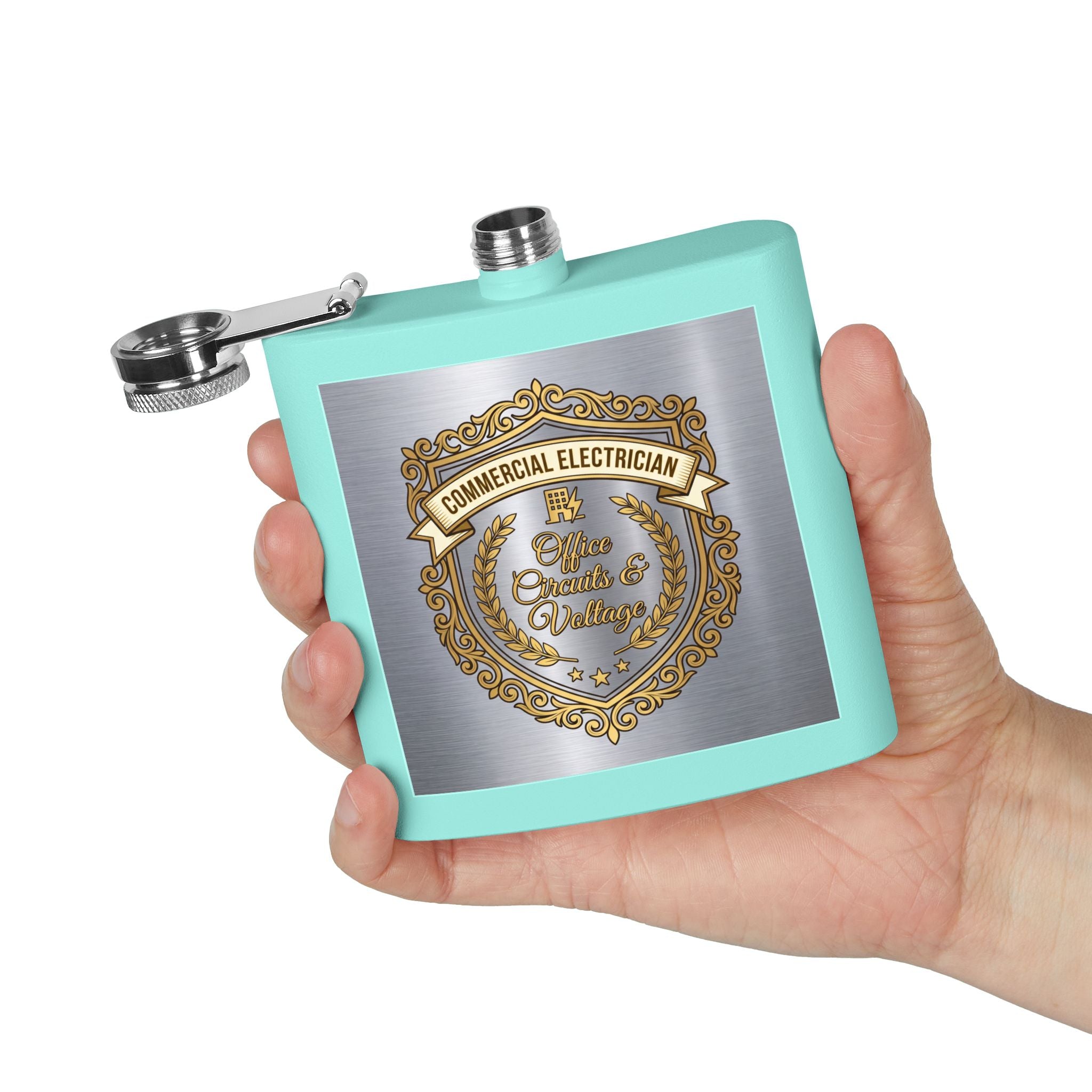 Flask — "Commercial Electrician: Office Circuits & Voltage" (Shield Badge) 6oz Stainless Steel Hip Flask