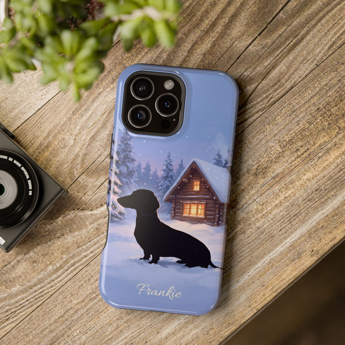 Personalized Dachshund Winter Cabin Phone Case — Wireless Charging Cover