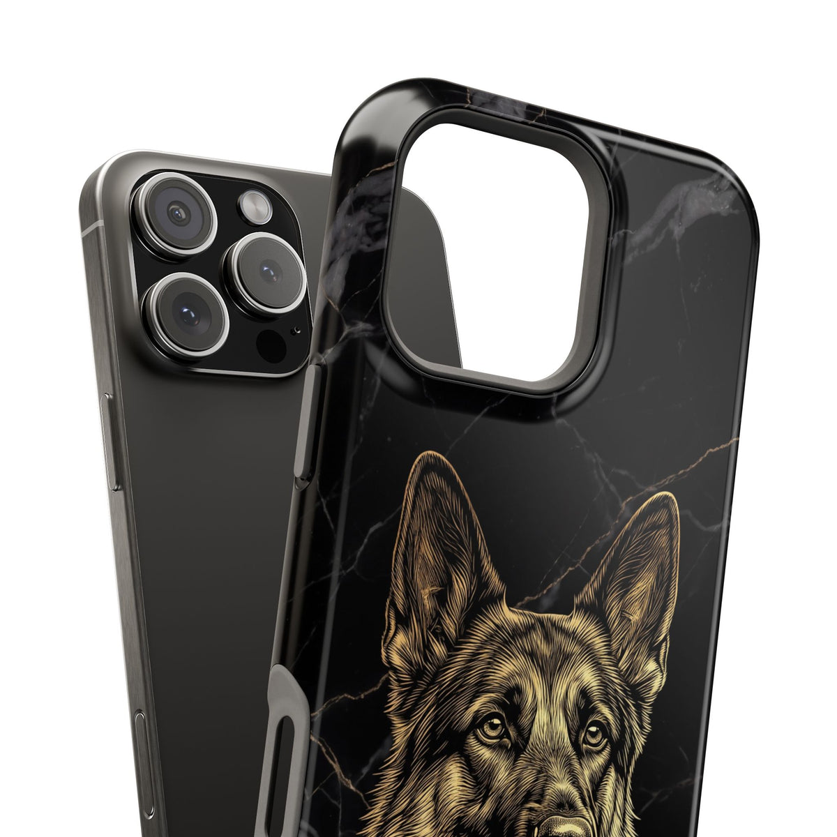 German Shepherd Phone Case | Black Marble Gold Sketch Art — Tough Magnetic Case with Wireless Charging