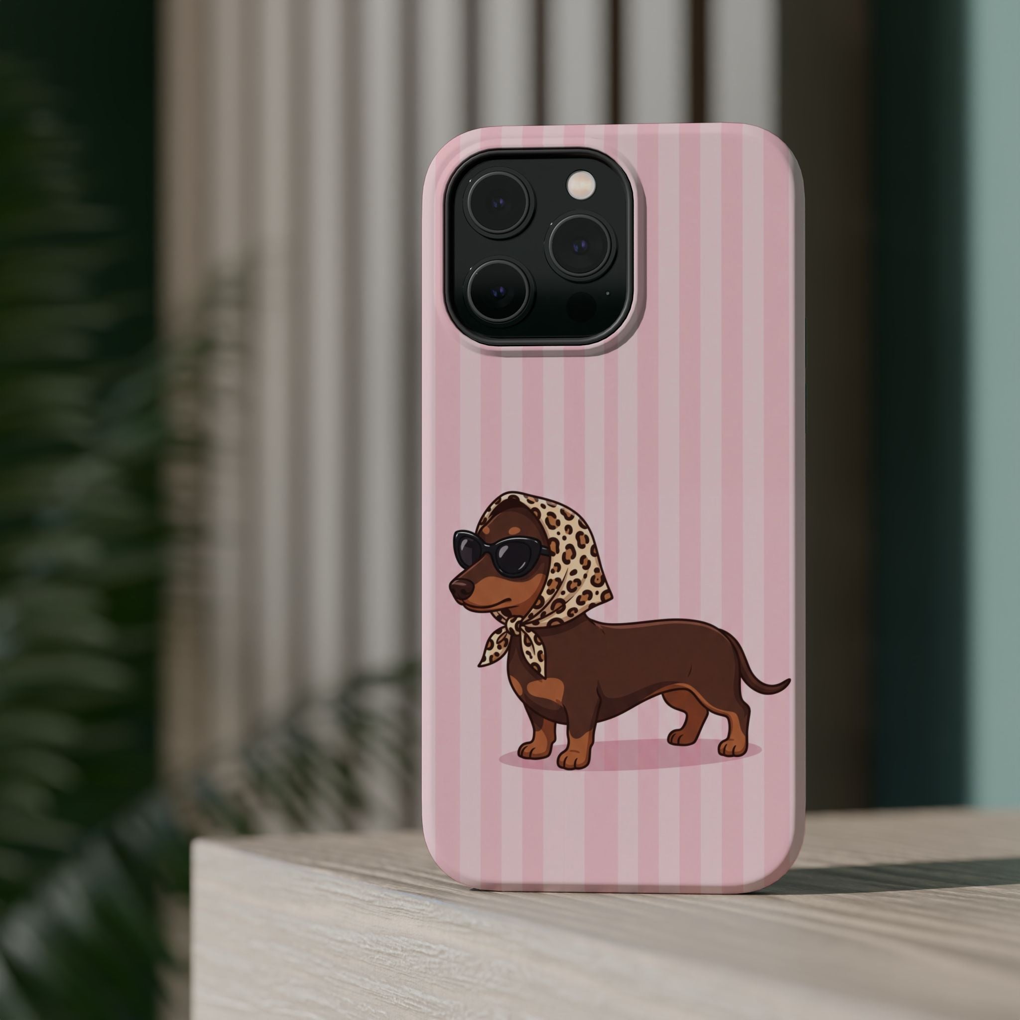Glam Dachshund Phone Case | Cute Sausage Dog in Leopard Scarf & Sunglasses | Pink Stripe Case for iPhone & Samsung