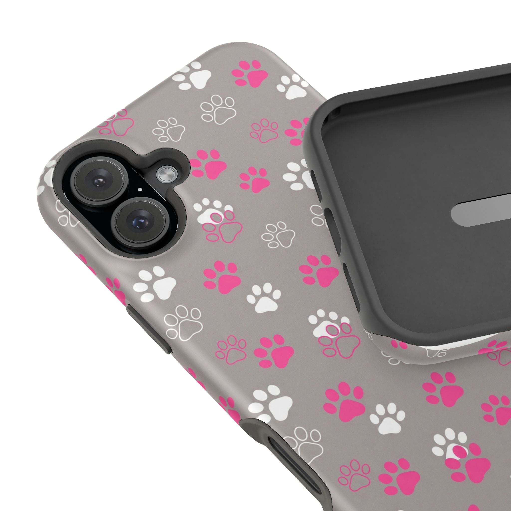 Pink & White Paw Print Phone Case — Impact-Resistant Wireless Charging Cover