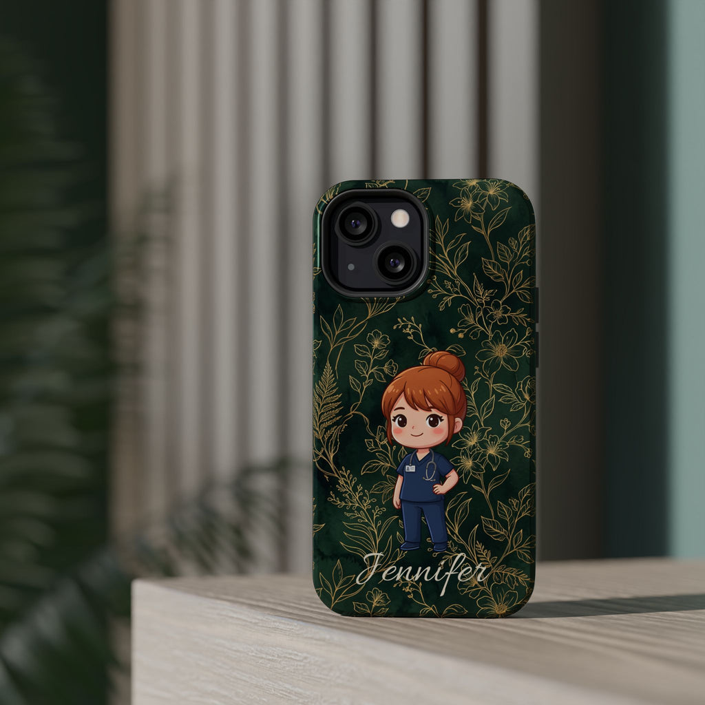 Personalized Nurse Botanical Phone Case — Impact-Resistant Wireless Charging Cover