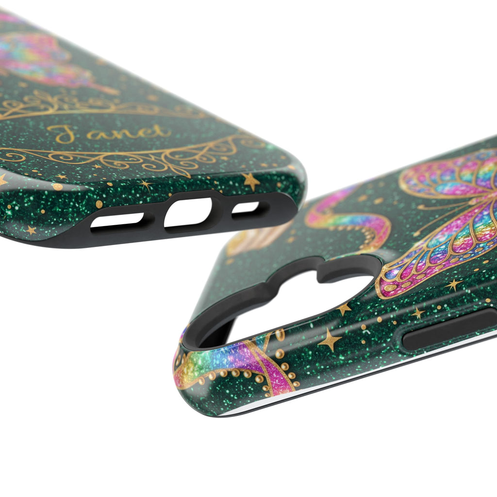 Rainbow Glitter Butterfly Personalized Teacher Phone Case — Wireless Charging Cover