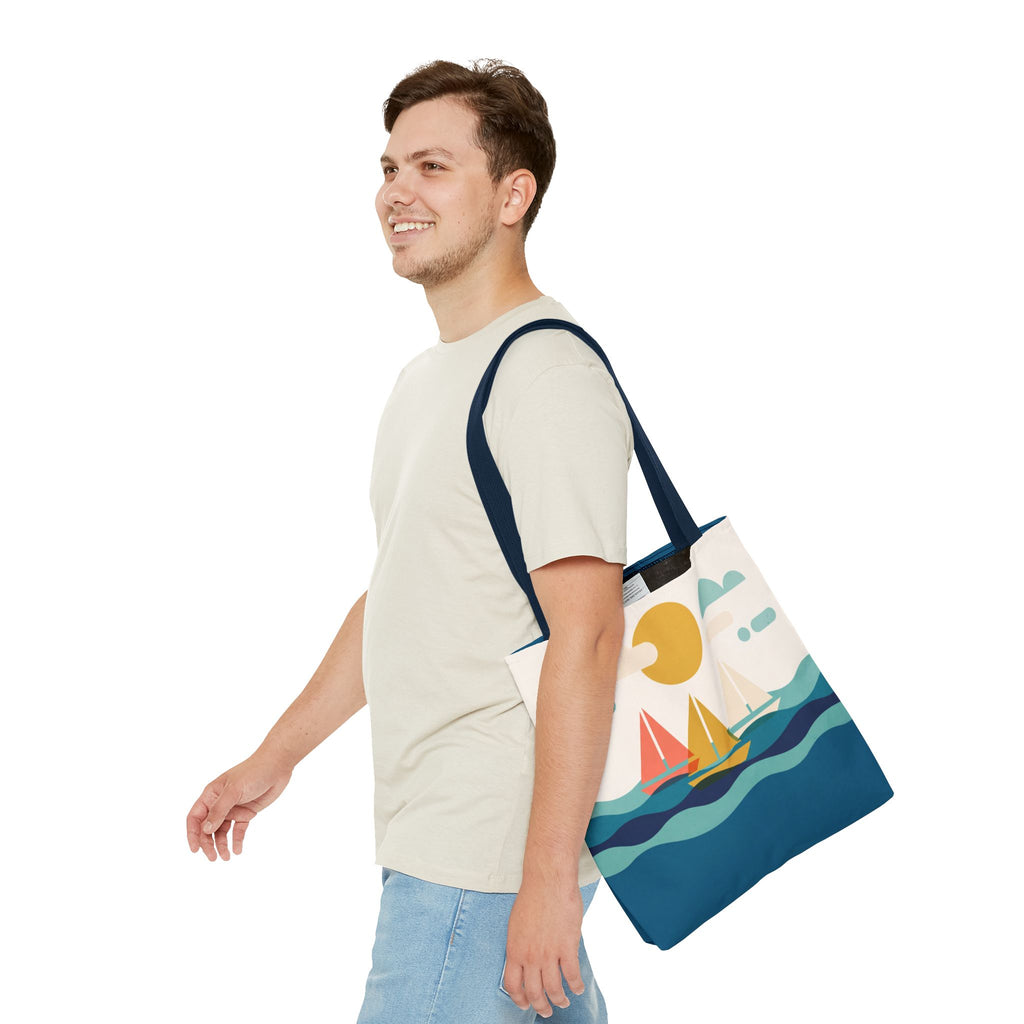 Minimalist Sailboat Tote Bag – Mid-Century Modern Ocean Waves Beach Bag