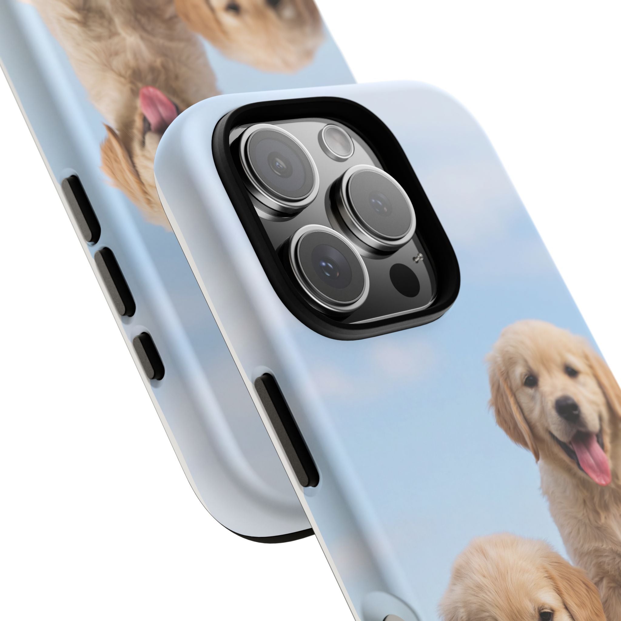 Golden Retriever Puppies on Barrel Phone Case | Cute Duo Under Blue Sky | iPhone & Samsung