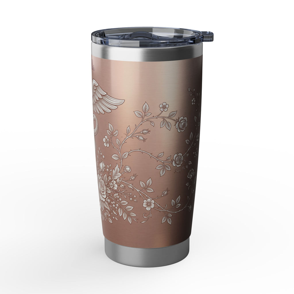 Personalized Caduceus Tumbler – Custom Name Rose Gold Floral Design 20 oz