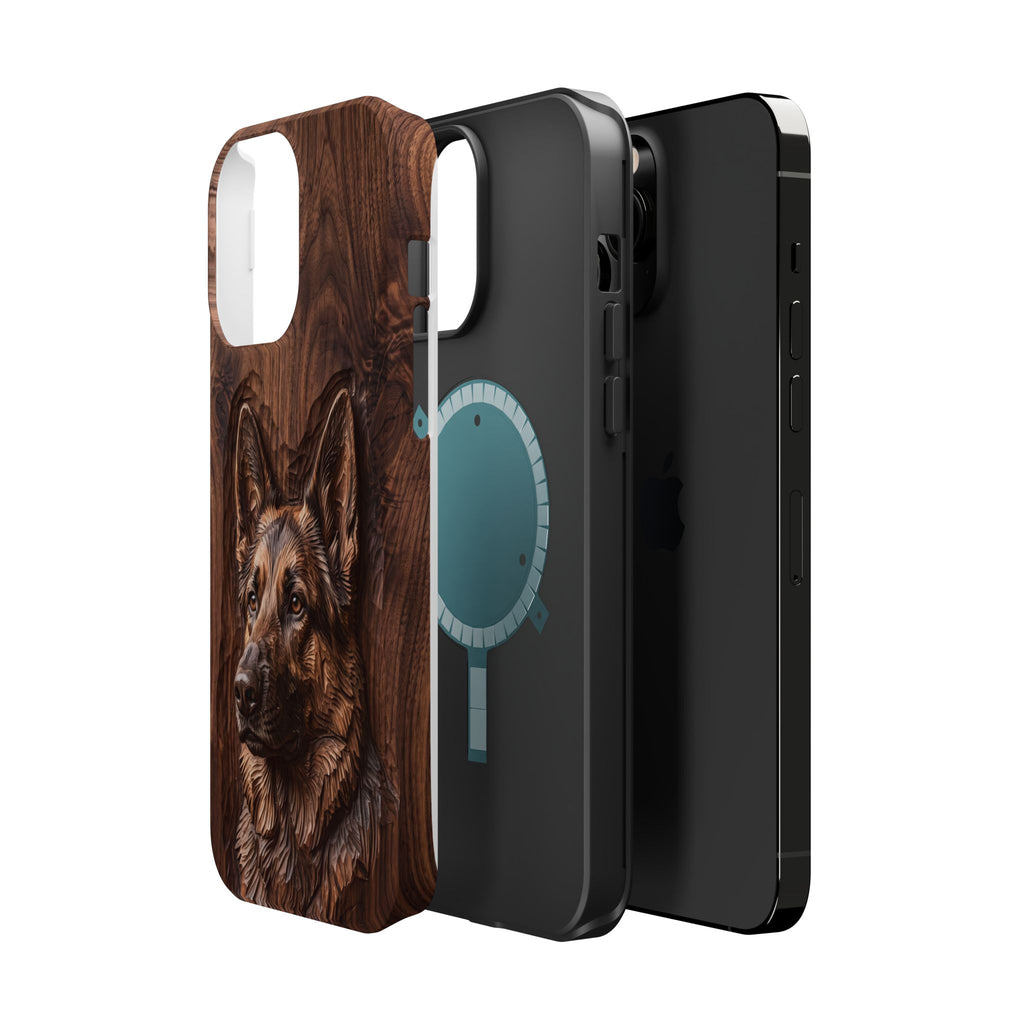 German Shepherd Phone Case | Carved Walnut Art — Tough Magnetic Case with Wireless Charging