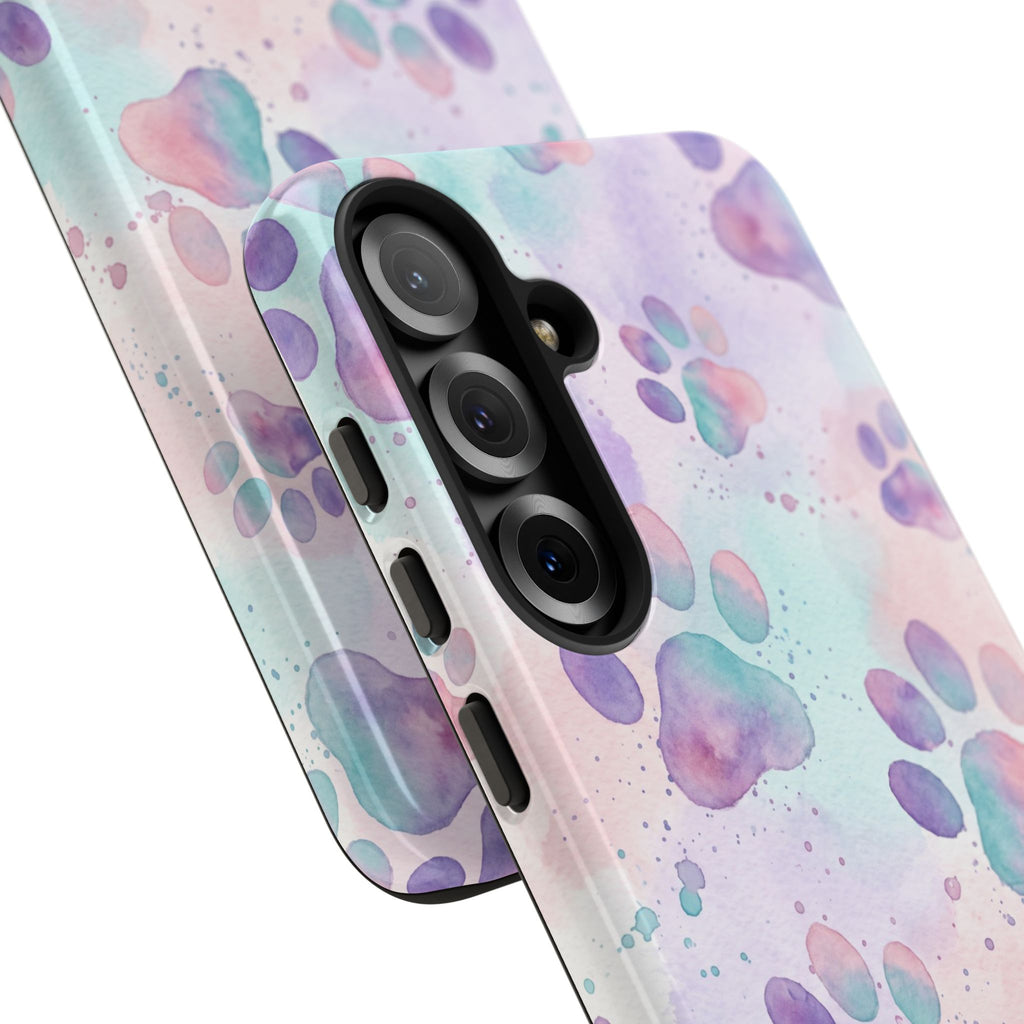 Watercolor Paw Print Phone Case | Pastel Purple, Teal & Pink Artistic Pattern | Samsung & iPhone