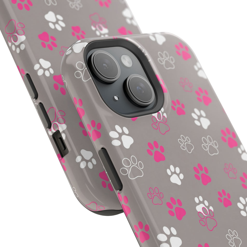 Pink & White Paw Print Phone Case — Impact-Resistant Wireless Charging Cover