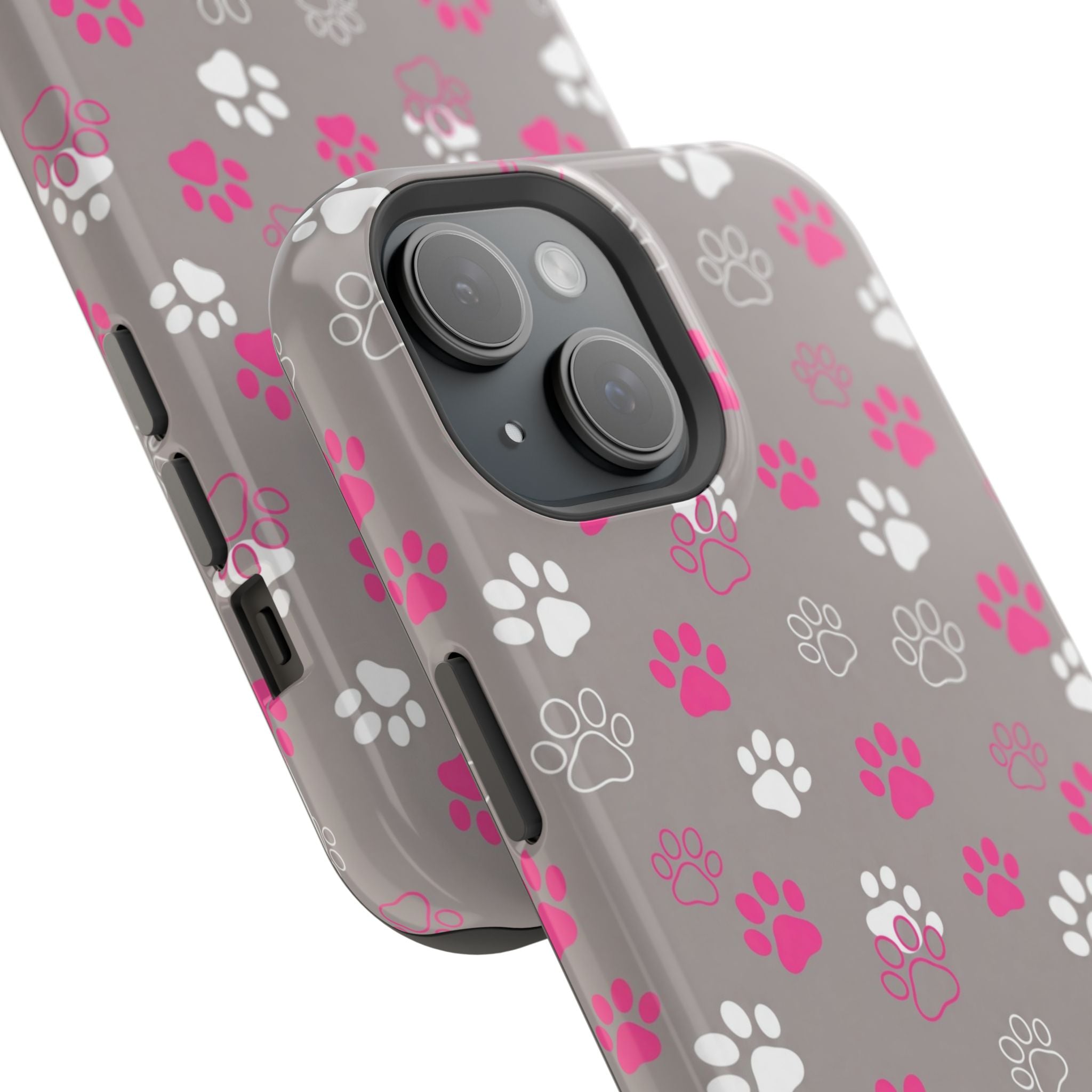 Pink & White Paw Print Phone Case — Impact-Resistant Wireless Charging Cover