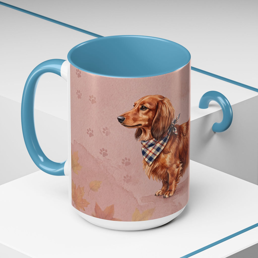 Dachshund Lover Mug | Long-Haired Wiener Dog with Plaid Bandana, Dusty Rose Watercolor Dog Gift