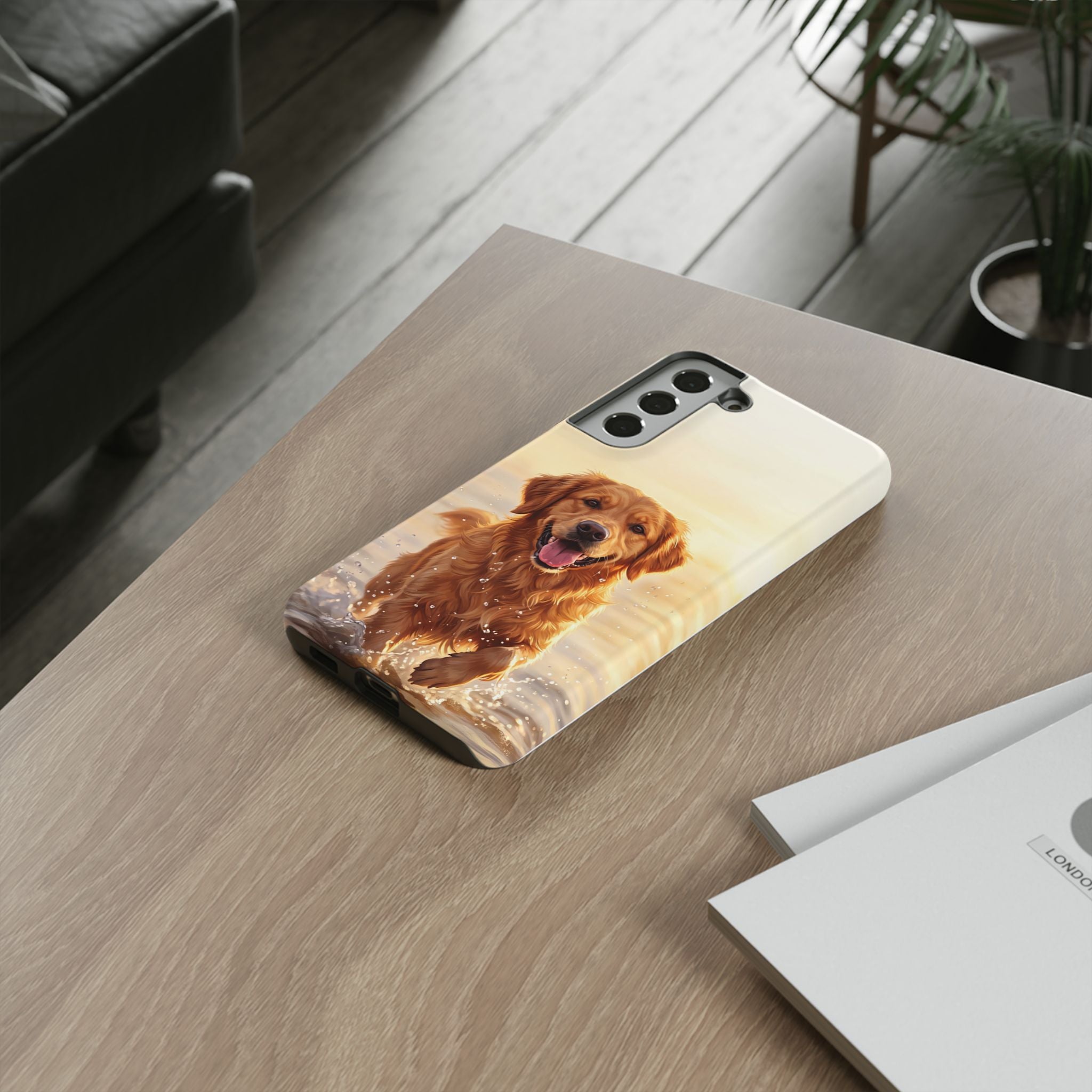 Golden Retriever Splashing in Water Phone Case | Joyful Dog at Golden Hour | iPhone & Samsung