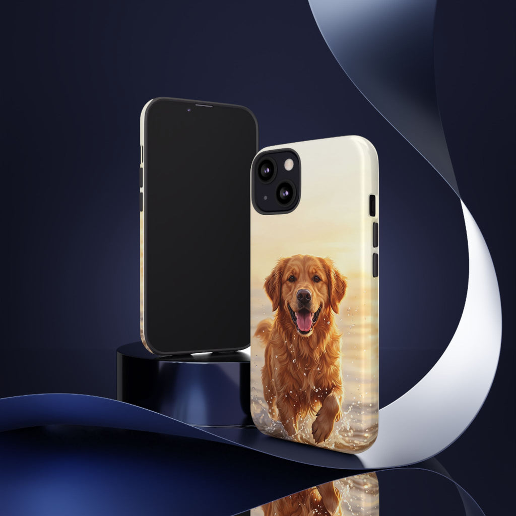 Golden Retriever Splashing in Water Phone Case | Joyful Dog at Golden Hour | iPhone & Samsung